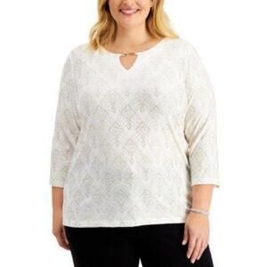 JM Collection Plus Size Beaded Jacquard Top Eggshell Combo 0X